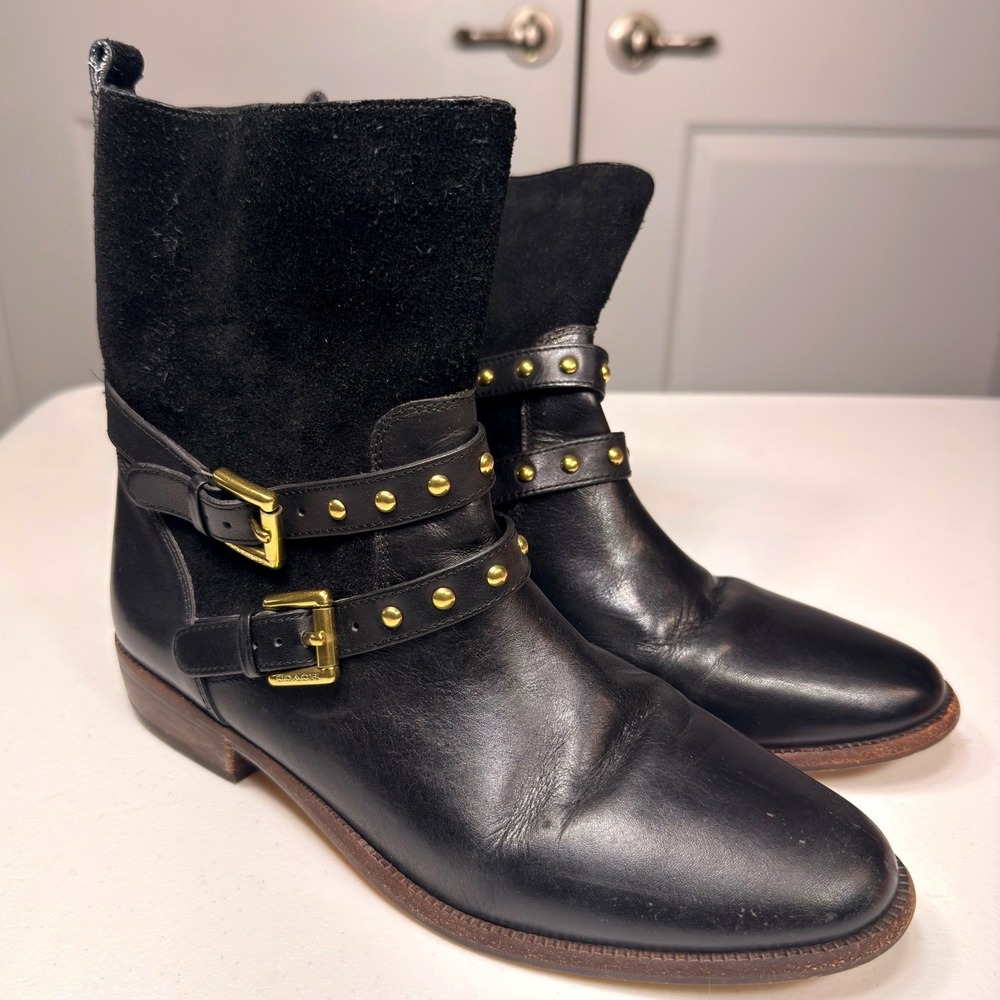 Coach Lilliana Black Leather Suede Studded Moto Biker Ankle Boots Size 7B
